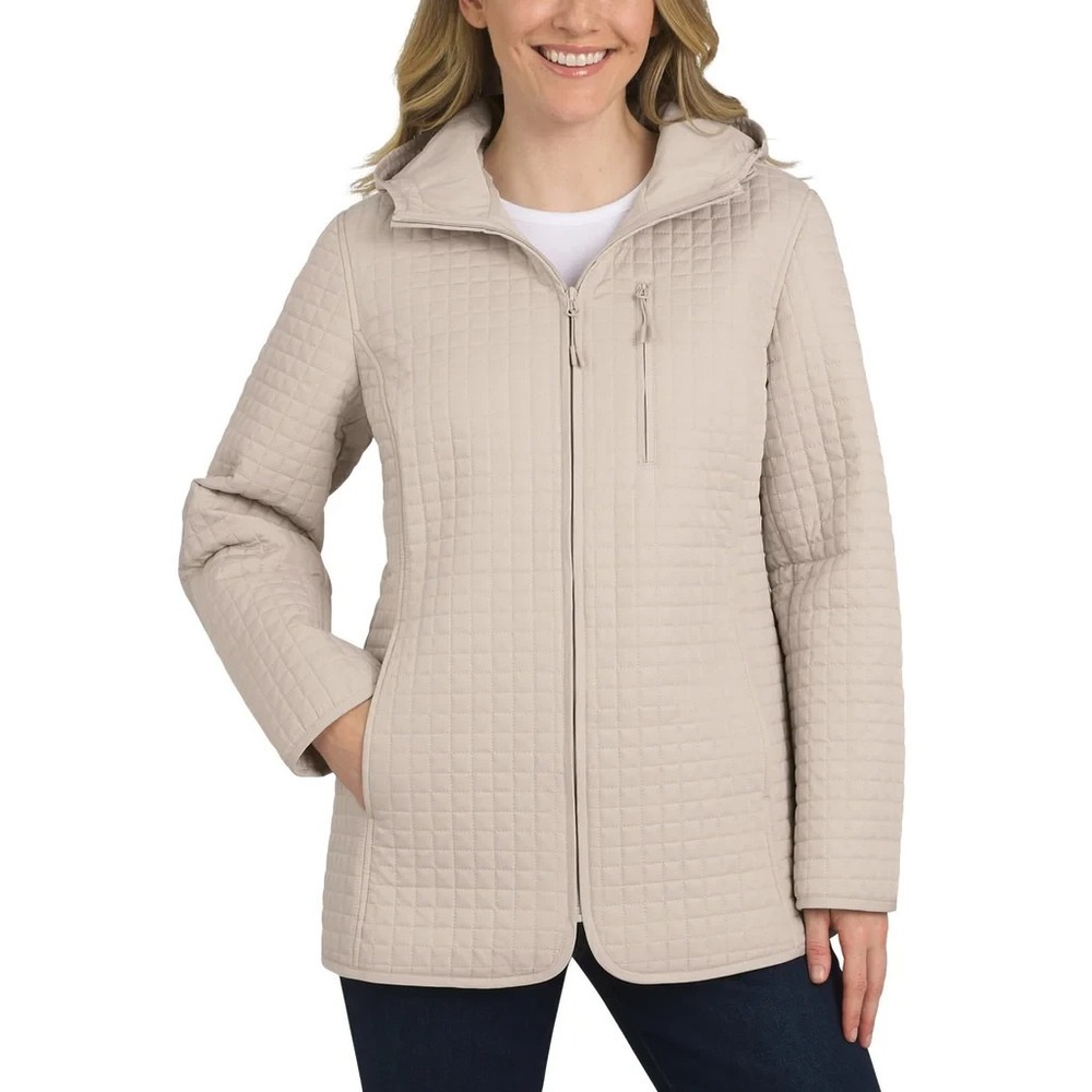 Lands End Womens Quilted Jacket Tan Brown Zip Up Hooded Coat Small NWOT